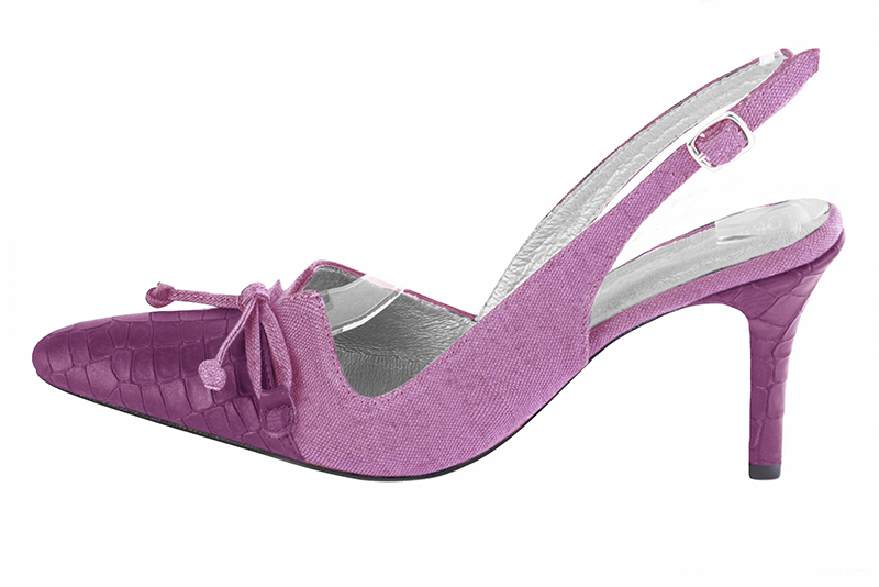 Mauve purple women's open back shoes, with a knot. Tapered toe. High slim heel. Profile view - Florence KOOIJMAN